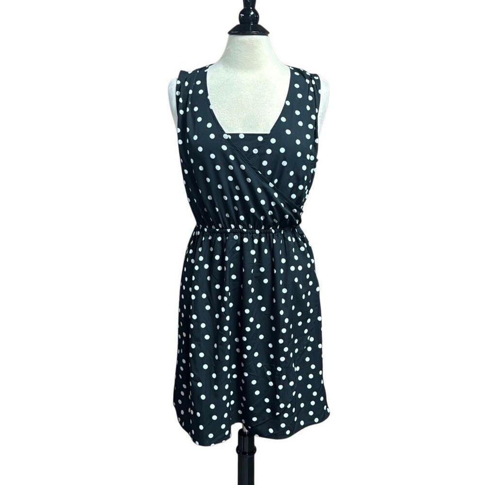 Merona Women’s Black Sleeveless Polka Dot Faux Wrap Dress Size Medium